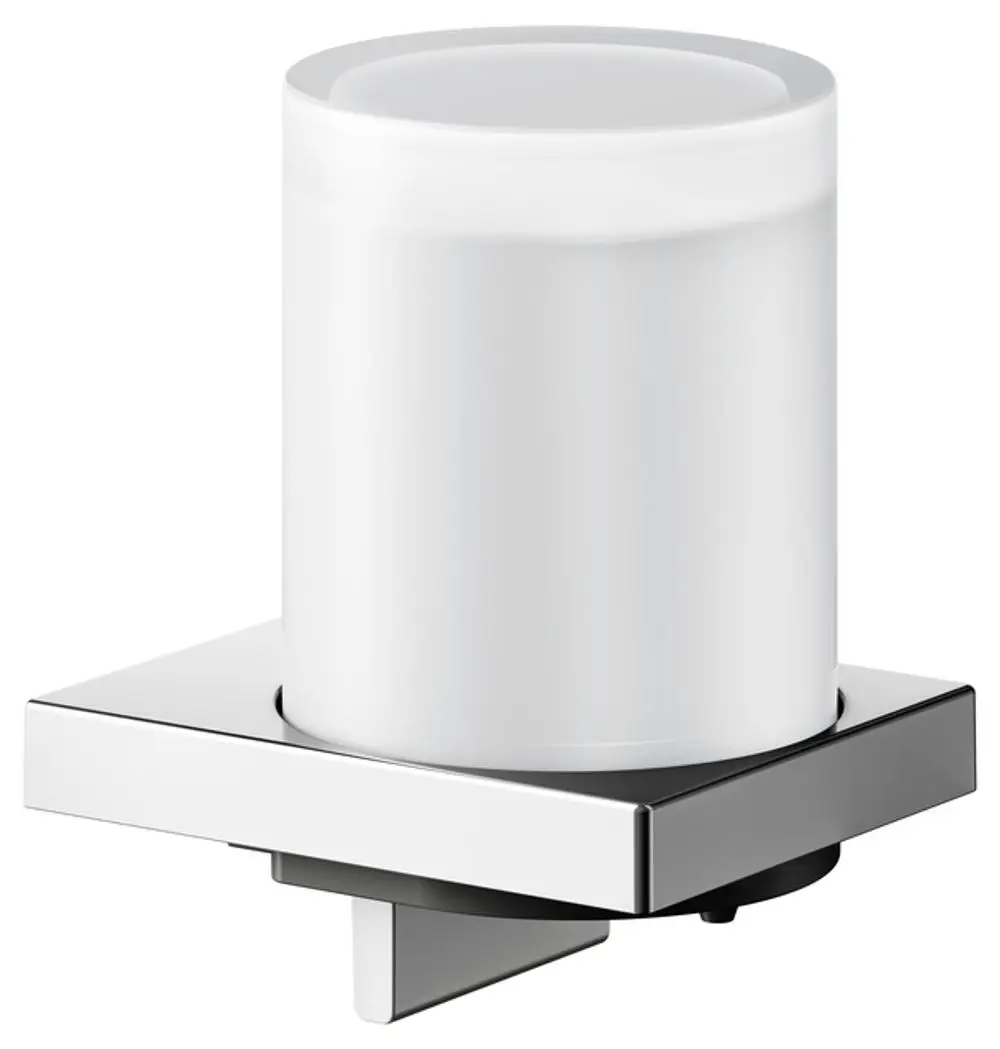 Edelstahl-Lotionspender mit einem weißen Glasbehälter, montiert auf einer quadratischen Basis. Produkt von Keuco, geeignet für Badezimmer oder Waschräume.